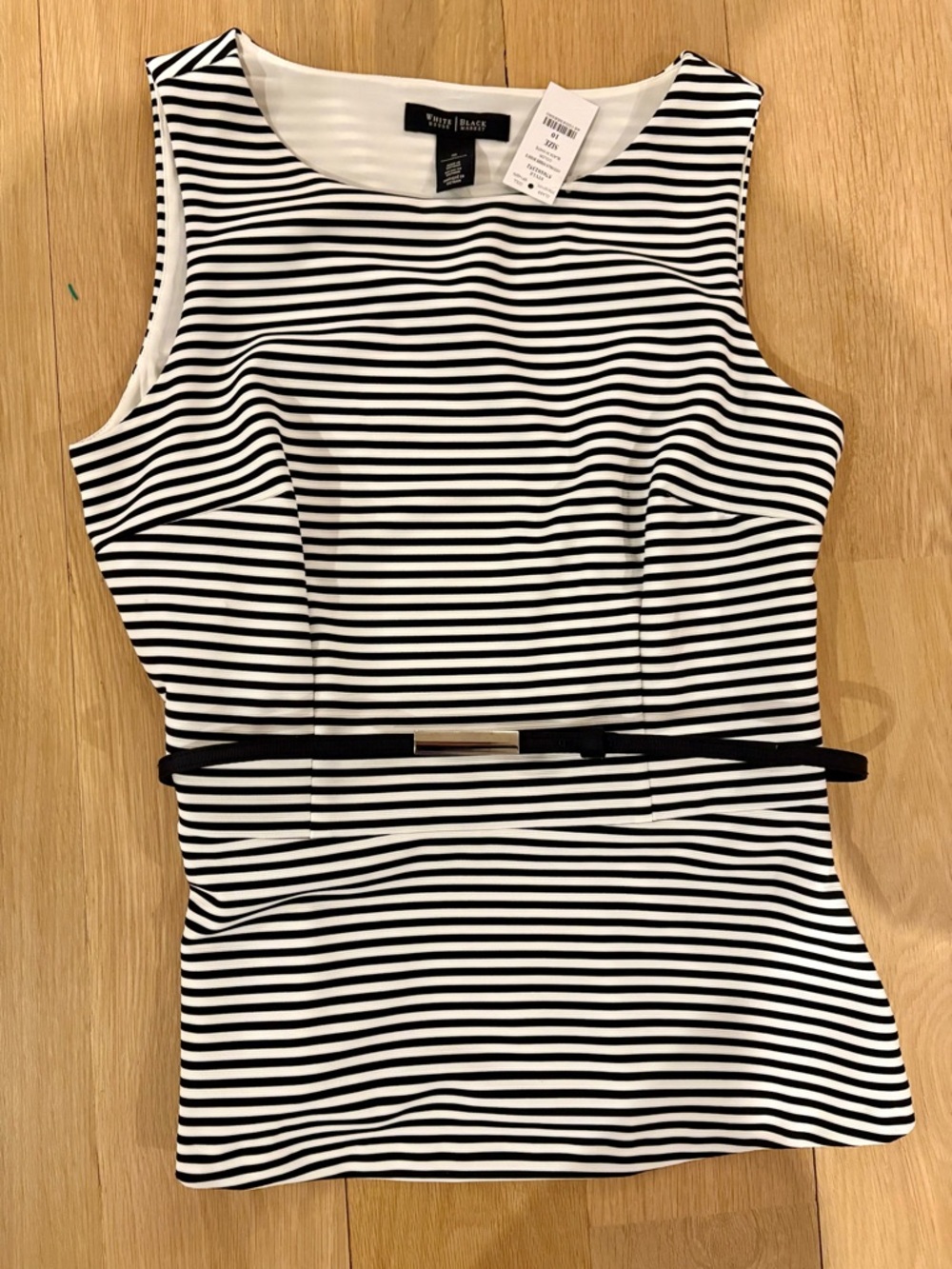 White House Black Market Black & White Striped Belted Peplum Shell